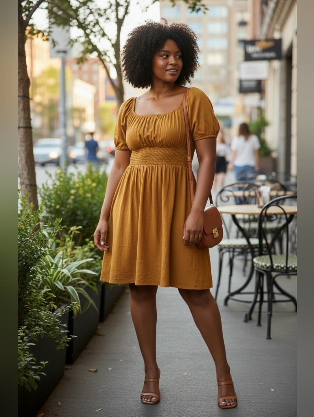Old Navy Smocked Waist Dress Golden Brown Short Puff Sleeve Size 2X